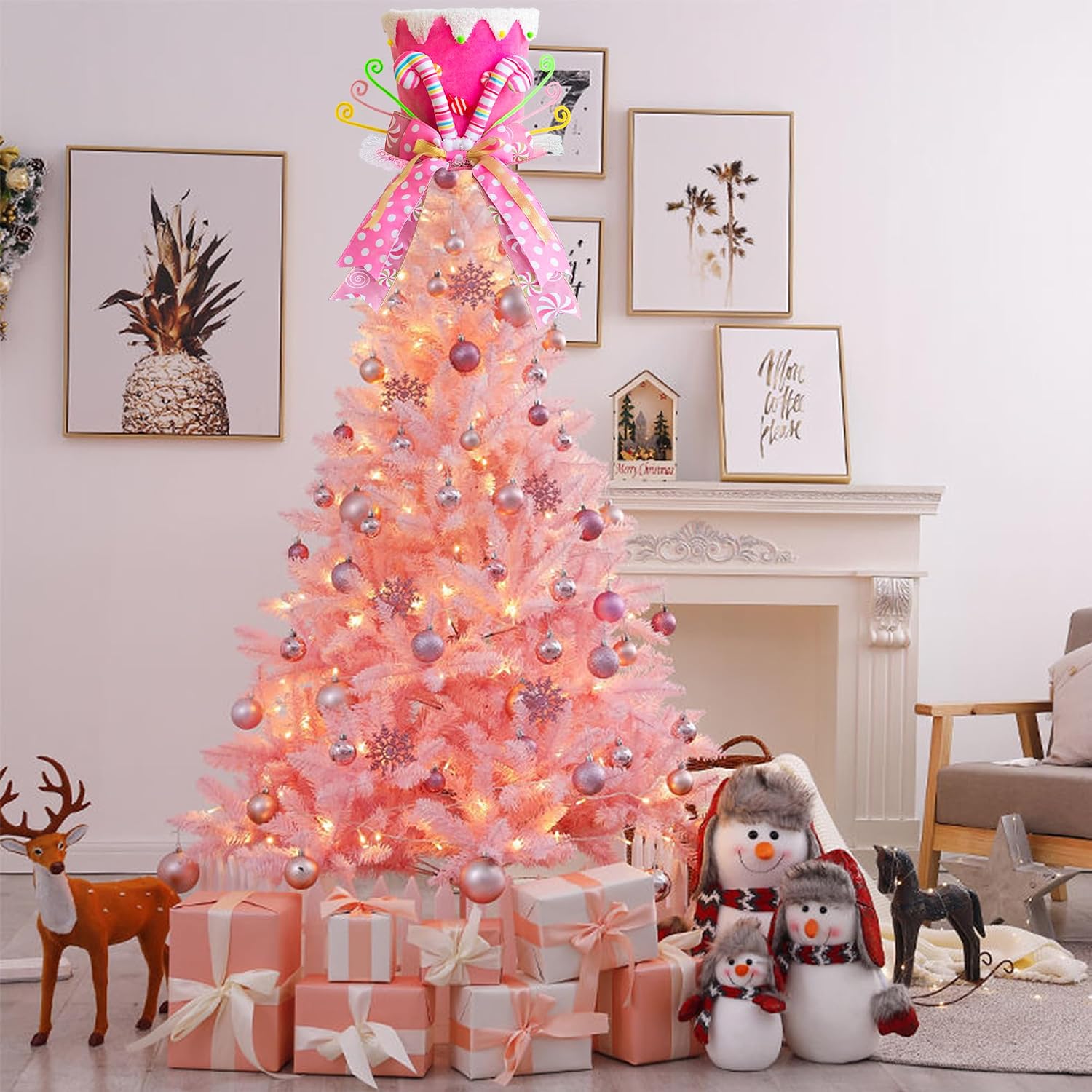 Christmas Tree Topper Hat, Candy Canes Tree Topper, Pink Tree Topper Christmas Decorations with Bow Ribbon Christmas Tree Ornaments for Home Decor