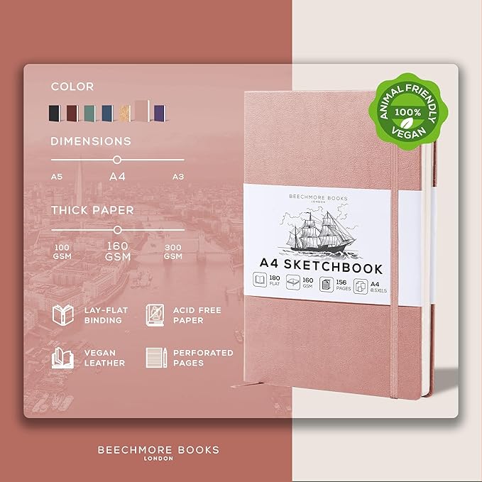 Beechmore Books A4 Sketchbook – 8.5x11 Premium Vegan Leather Bound Large Sketch Book Hardcover with 156 Thick 160gsm Perforated Ivory Pages, Blank Sketch Pad, Gift Boxed, Back Pocket, Ribbon Bookmark