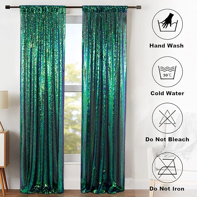 ShinyBeauty Sequin Curtains 2 Panels 2FTx8FT Iridescent Green Photo Booth Backdrop Prom Backgrounds Baby Shower Backdrop Wedding Ceremony Birthday Party Decorations