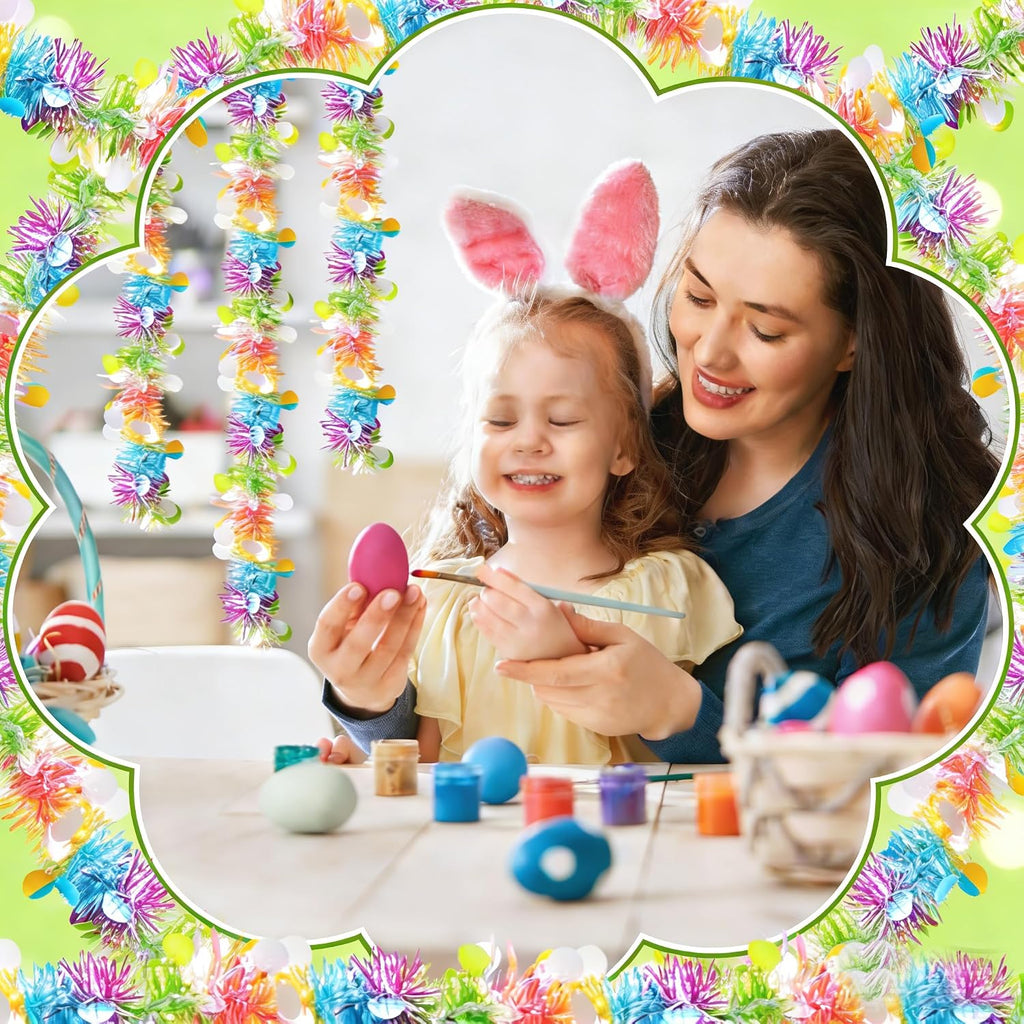 55.77ft Easter Tinsel Garland,Colorful Egg Tinsel Twist Garland with Confetti Spring Hanging Tinsel Ornament Decoration for Fireplace Mantel Tree Eatser Party Decoration.