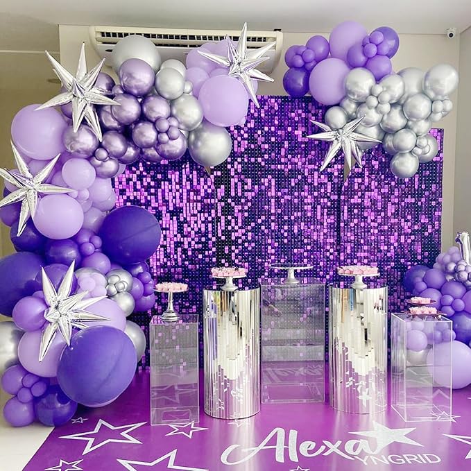 Qcity Purple Shimmer Wall Backdrop 36PCS, Black Back Not See-Through Design, Square Sequin Glitter Backdrop Panel, Perfect for Outdoor Events, Birthdays, Wedding and Party Decoration