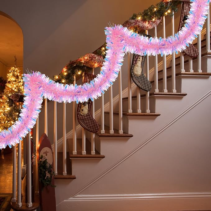72 Feet Christmas Tinsel Garland Shiny Metallic Tinsel Twist Garland Streamers Ornaments Long Glitter Christmas Tree Hanging Decorations for Party Holiday Wedding Birthday Tree Wall Rail (Pink)