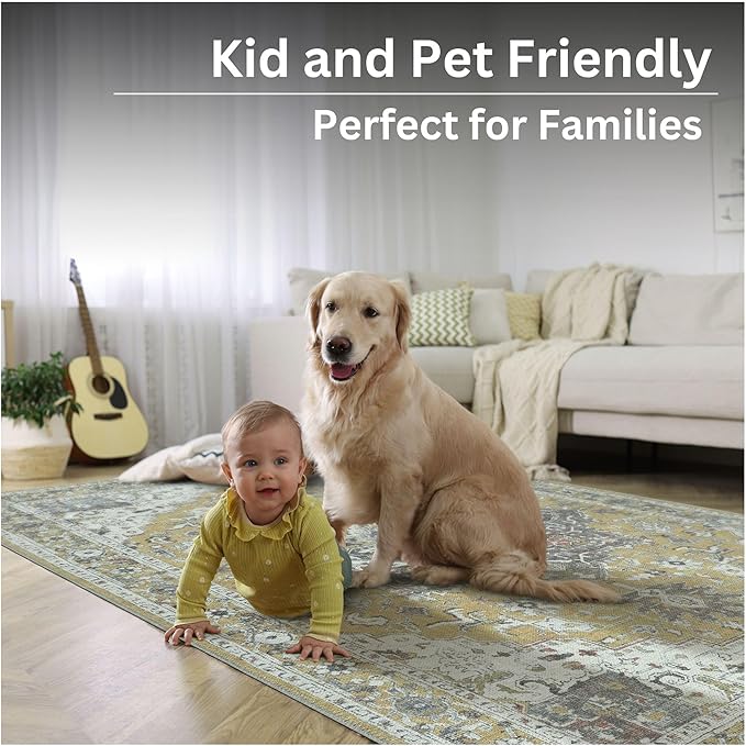 Bloom Rugs Washable Non-Slip 10 ft Runner - Yellow Traditional Medallion Runner for Entryway, Hallway, Bathroom, and Kitchen - Exact Size: 2.5' x 10'