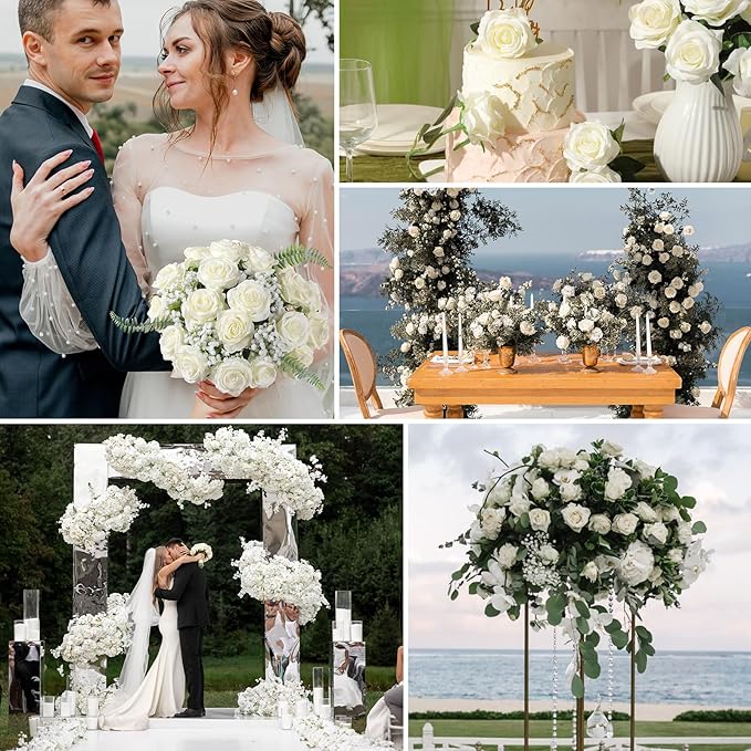 Tifuly White Roses Artificial Flowers -12 pcs Realistic Single Long Stem Fake Silk Roses Bouquet for Party Home Wedding Centerpiece Office DIY Decor（Off White）