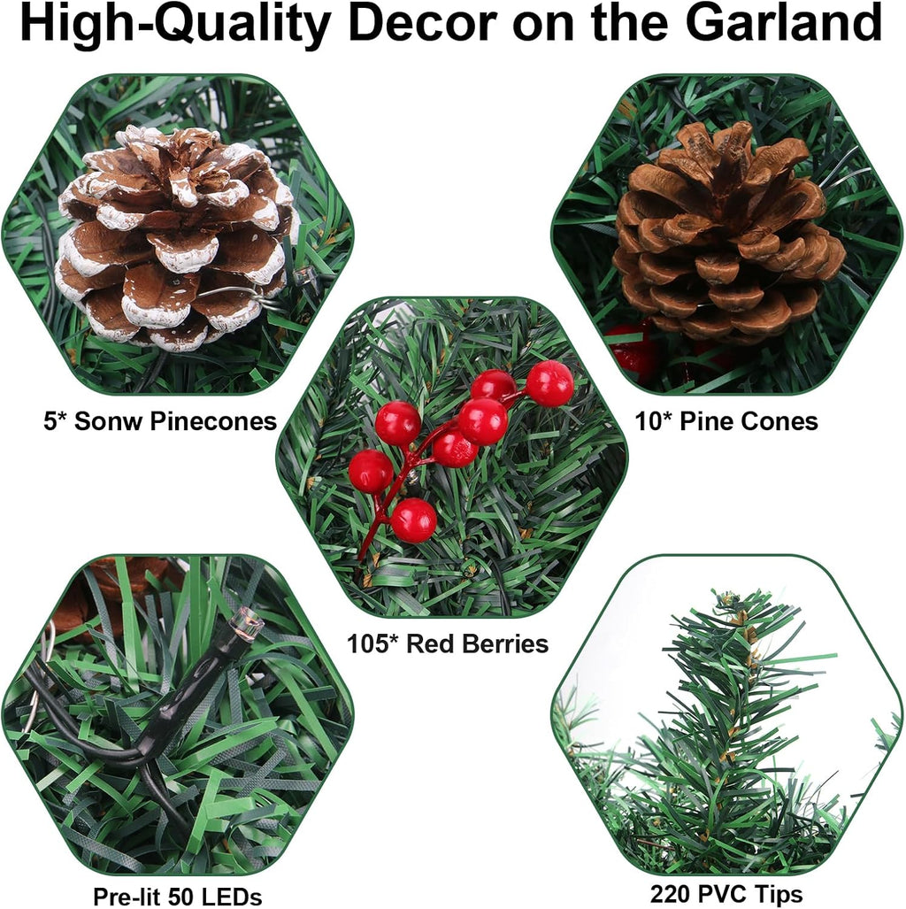 christmas garland with lights - 10ft waterproof battery, close-up detail