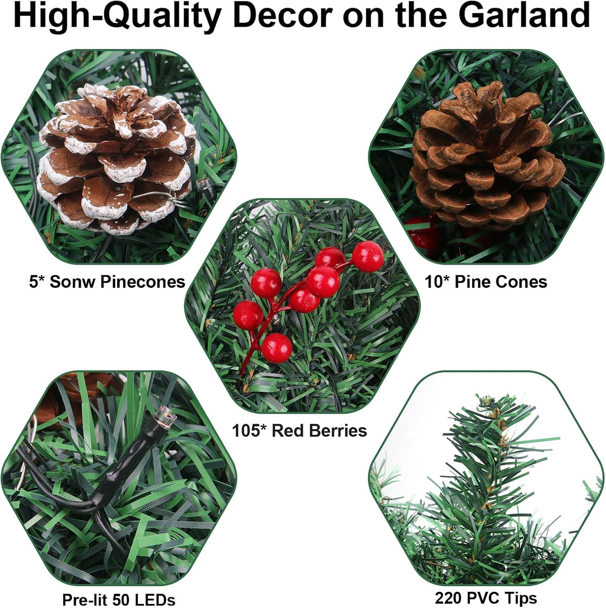 christmas garland with lights - 10ft waterproof battery, close-up detail