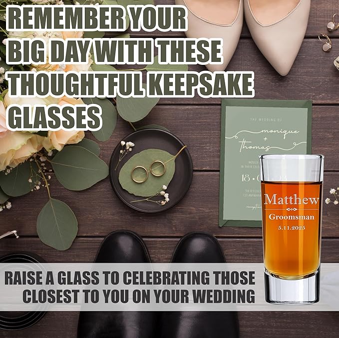 Custom Engraved Shot Glass – 2oz Tall Clear Glass – Personalized Gift for Wedding Party – Classic Etched Barware Keepsake for Groomsmen, Bridesmaids, and More (6)