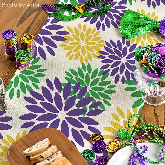 Artoid Mode Purple Dahlia Floral Pinnata Mardi Gras Table Runner, Carnival Seasonal Kitchen Dining Table Decoration for Home Party Decor 13x72 Inch