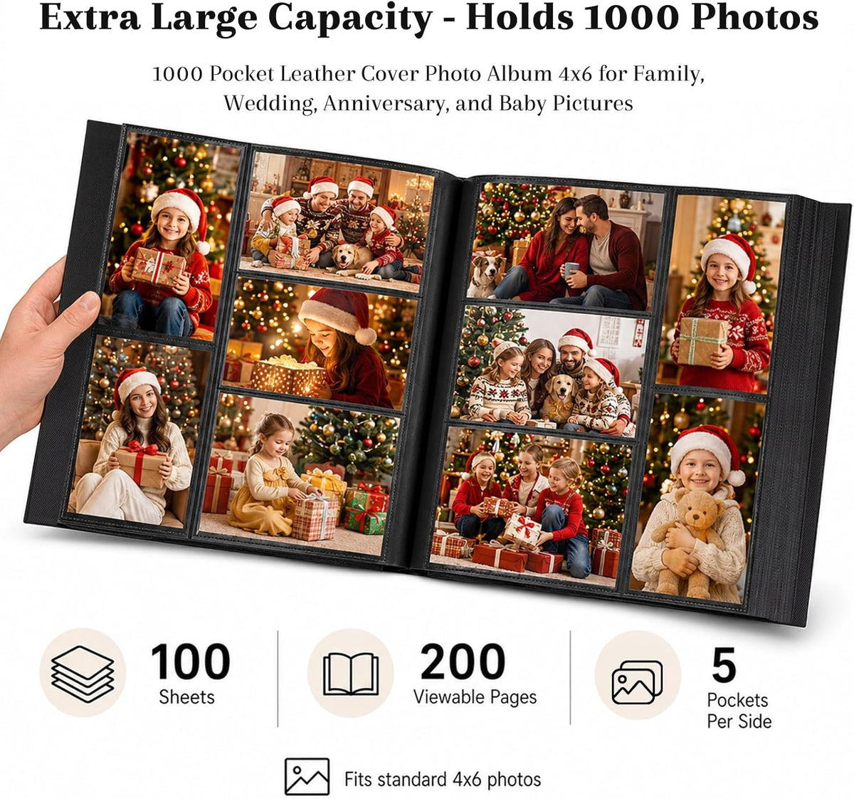Aevdor Large Capacity 4x6 Photo Album, 1000 Photos, Leather Cover, Black
