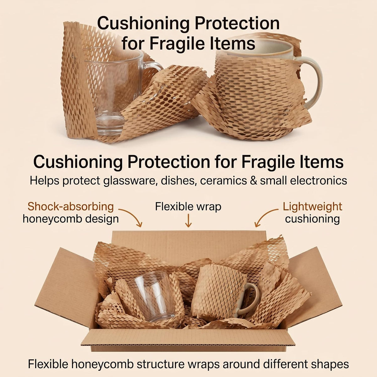 brown honeycomb packing paper 2 rolls, 15 x, close-up detail