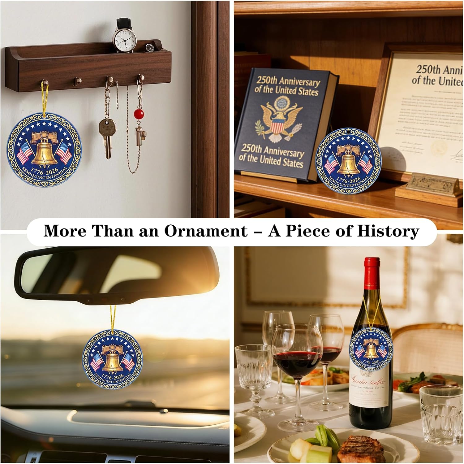 WhatSign 250th Anniversary USA Ornament - 1776-2026 Semiquincentennial Liberty Bell Ceramic Keepsake Vintage Gold Medallion Design Patriotic American History Souvenir Decor Gift for Collectors