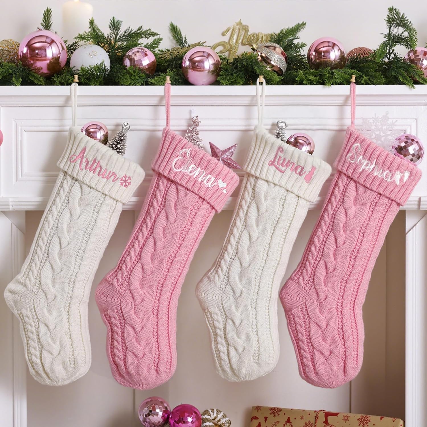 ELEGANTPARK Personalized Christmas Stockings 1 Pack Knit Christmas Stockings with Embroidered Names Red Green White Xmas Decoration for Fireplace Hanging Holiday Decoration for Family Kids 18 Inch