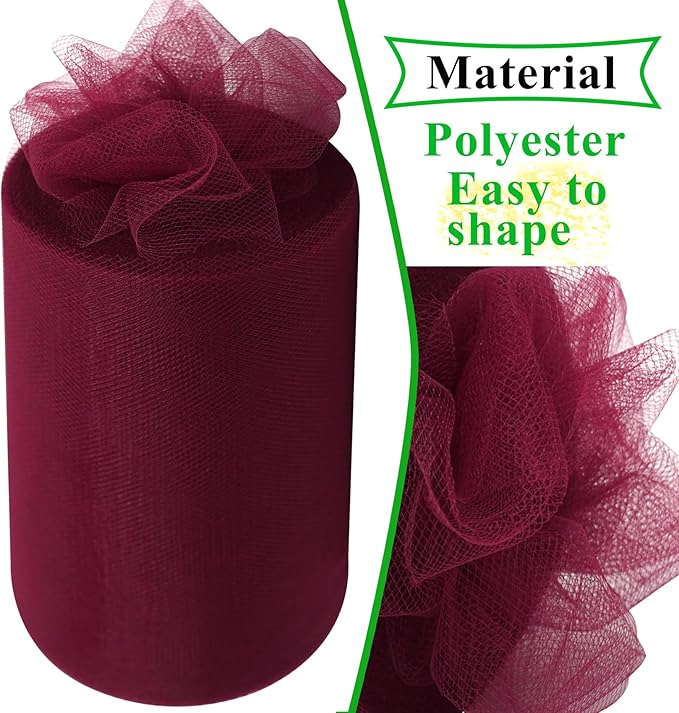 Burgundy Tulle Fabric Rolls 6 Inch by 100 Yards (300 feet) Fabric Spool Tulle Ribbon for DIY Burgundy Tutu Bow Baby Shower Birthday Party Wedding Decorations Christmas Craft Supplies
