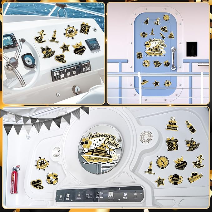 Happy Anniversary Cruise Door Magnets Decorations, Black Gold Happy Anniversary Cruise Ship Door Decor Magnetic for Married Men Women Wedding Party Fridge Refrigerator Car Kitchen Garage Personalized