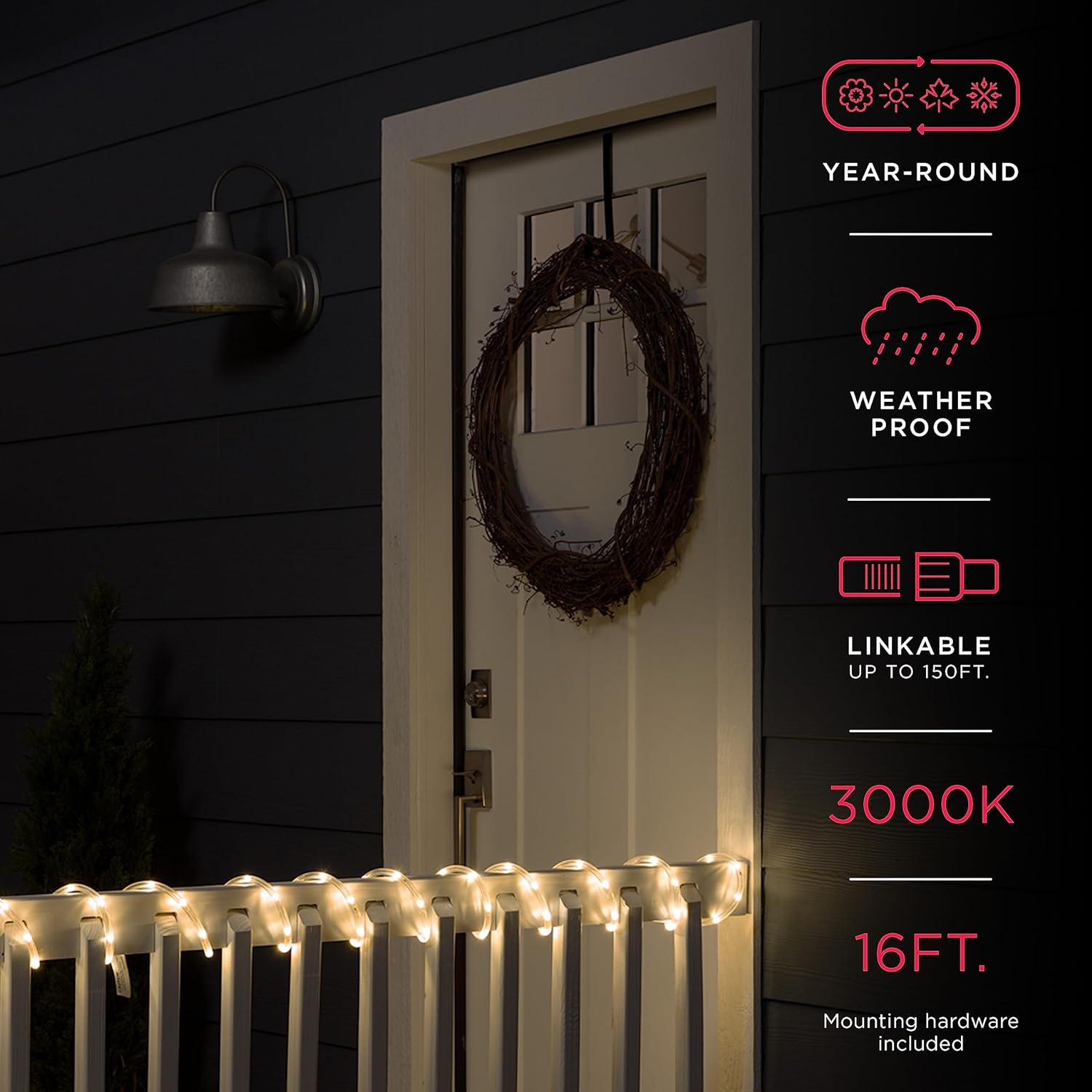 UltraPro LED Rope Lights, 16ft Classic Clear Rope, Warm White Light 3000K, Indoor/Outdoor, Flexible, Linkable, Durable, Rope Lights Outdoor, 54503