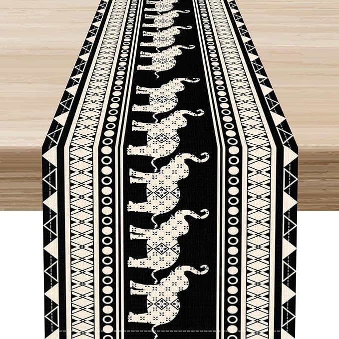 Ethnic Table Runner, Rustic Farmhouse Boho Geometric Elephant Aztec Tribal Print Black Table Center Decor for Home Kitchen Dining Patio Holiday Party Indoor Outdoor Table Decorations, 13"x72" Inch