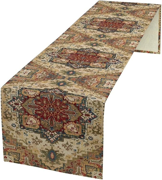 Boho Bohemia Style Table Runner, Vintage Yellow Brown Retro Flower Rustic Country Style Floral Print Pattern for Home Kitchen Table Decor Dining Coffee Room Garden Party Decor 13x108in