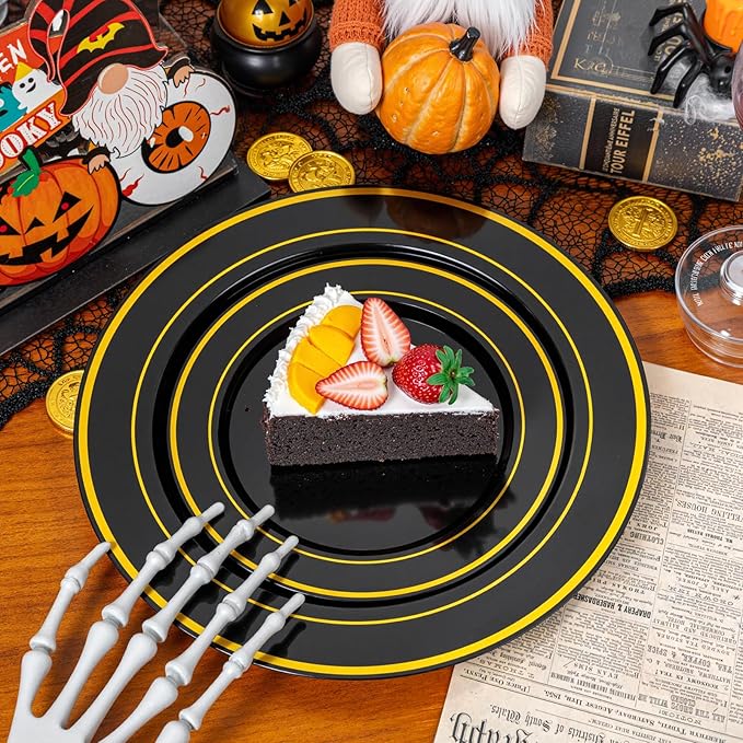 350 Pieces Black and Gold Plastic Plates with Disposable Silverware, Include 50 Dinner Plates 9”, 50 Dessert Plates 6.3”, 50 Black Cups 9 OZ, 50 Pre Rolled Napkins for Halloween new year