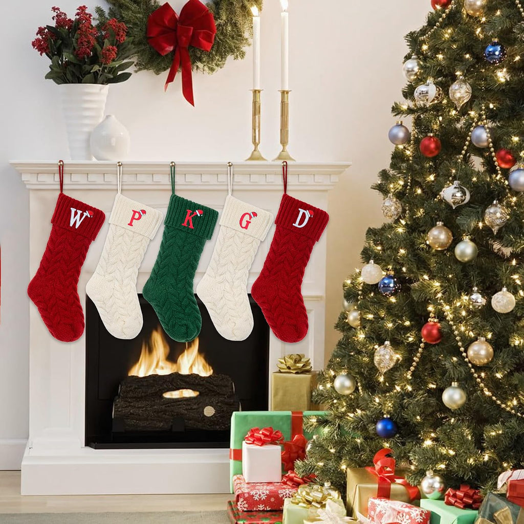 Christmas Stockings Personalized Custom Initials 18 Inches Knitted Christmas Stockings with Letter Fireplace Hanging Monogram Xmas Stockings for Kids,Family Holiday Party Decoration（Red M）