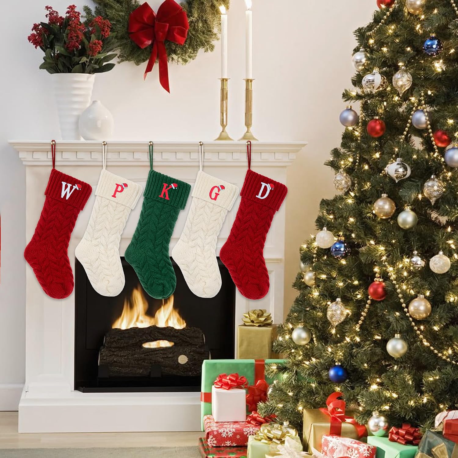 Initial Christmas Stockings,Monogram Letter Stocking Knit Family Stockings | 18 Inches Large Xmas Stockings, Holiday Stockings for Fireplace Christmas Party Decoration (Red S)