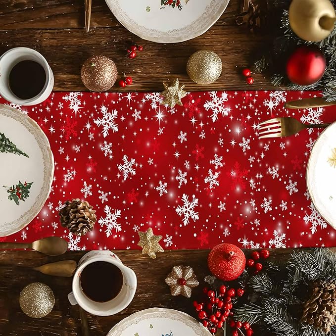 Christmas Snowflakes Cotton Linen Table Runner for Dining Kitchen, Red Xmas Winter Snow Wedding Outdoor Party Tablerunners Decoration, New Year Dresser Scarf Coffee Tablecloth Runners 13x120 Inches