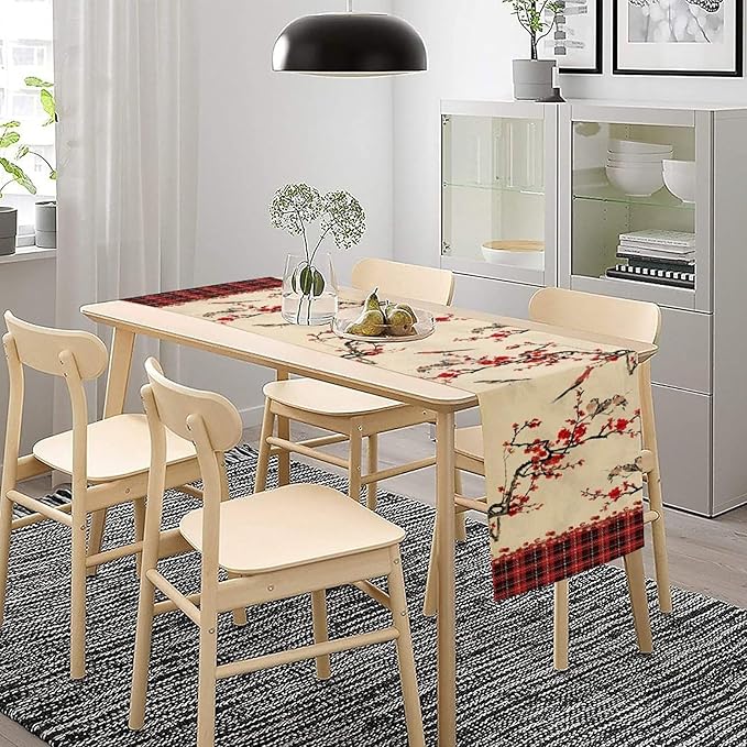Bird Table Runner,Red Black Buffalo Plaid Blossom Seasonal Table Runner for Kitchen Dining Table Decoration Home Party Decor 13x70 Inch