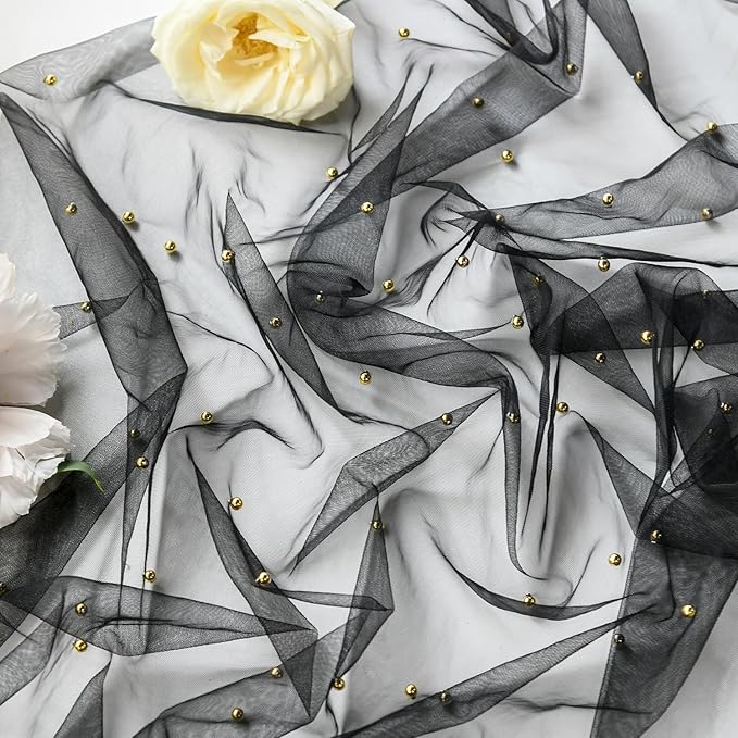 Artoid Mode Pearl Black Gauze Table Runner 59x120 Inch , Seasonal Sheer Kitchen Dining Holiday Wedding Birthday Baby Shower Table Decor for Home Party