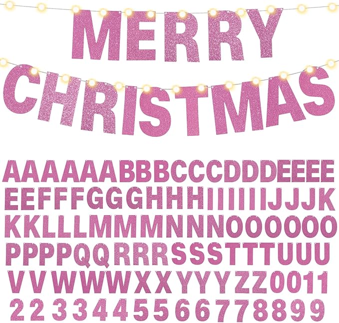 TaoBary 112 Pcs DIY Letter Kit Glitter Customizable Banner Letters Include 107 Letters and Numbers 3 Rope and 2 Needles for Birthday Halloween Christmas Wedding Valentine Party Decor(Pink)