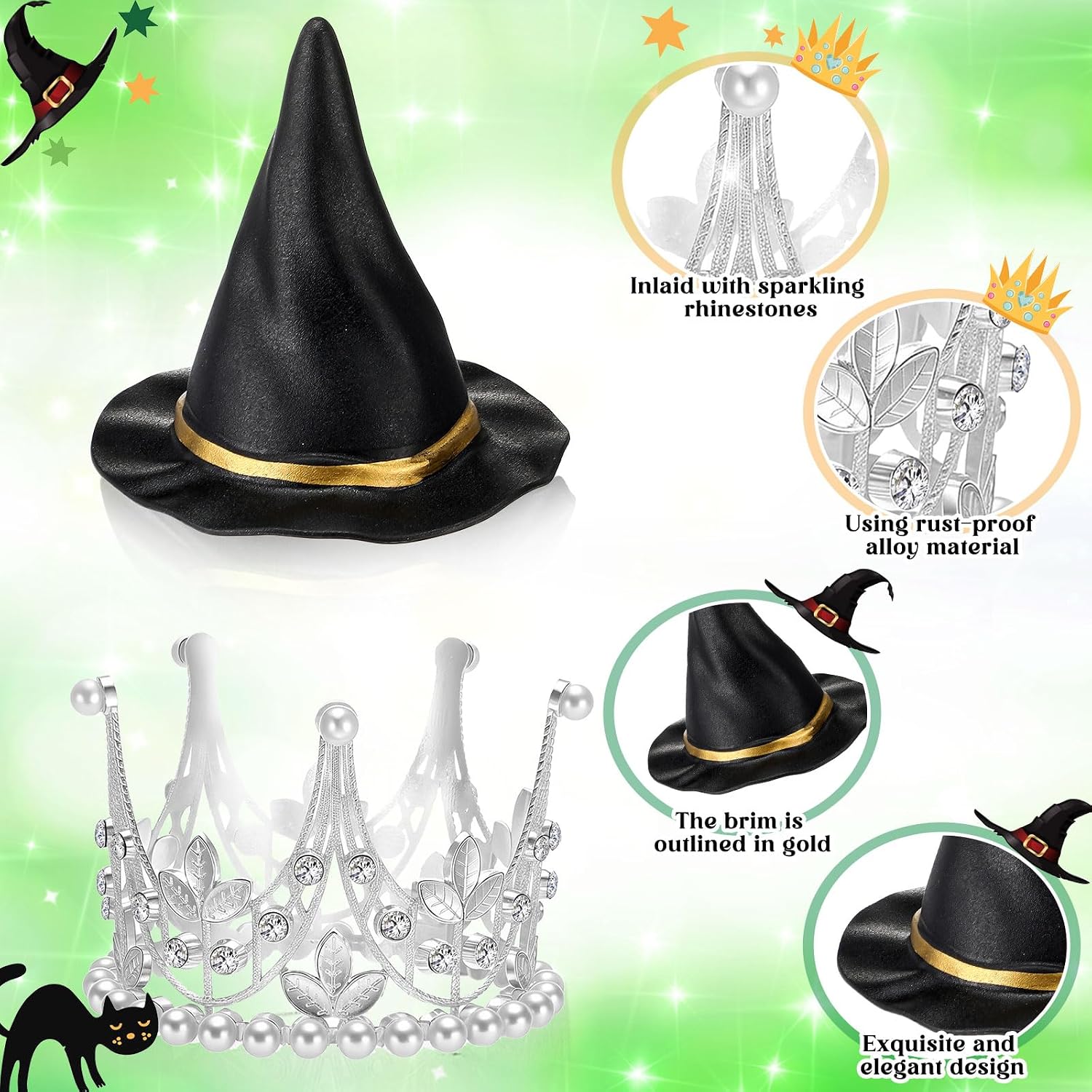 Reallnaive Witch Theme Party Cake Decoration Silver Crown Black Witch Hat Cake Topper Supplies for Movie Theme Party Princess Birthday Pink and Green Celebration Decoration (Cute Crown)