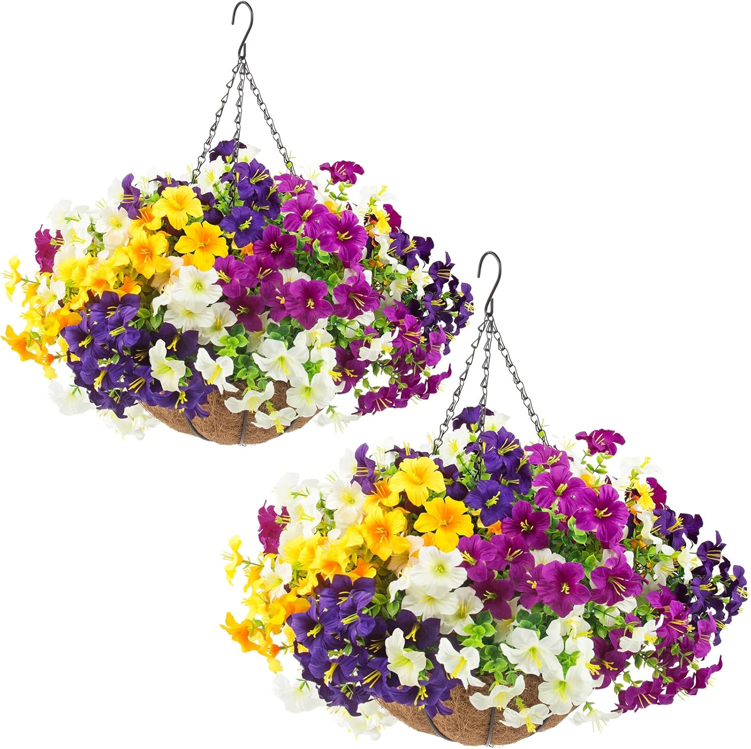 2 Set Artificial Outdoor Flowers with Hanging Baskets,24 Pcs UV Resistant Faux Petunias Flowers with Hanging Planter for Front Door Porch Spring Outside Decor (2, White,Yellow,Purple,RedViolet)
