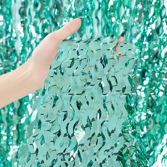 3 Pack Teal Aqua Blue Wave Foil Curtains - 3.3 ft x 6.6 ft Tinsel Metallic Streamers for Photo Booth Birthday Wedding Girl Princess Bachelorette Euphoria Theme Party Decorations