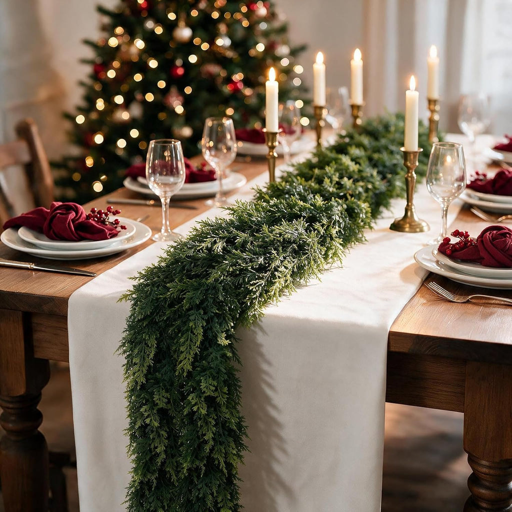 9ft christmas cedar garland, realistic artificial pine greenery on a desk or shelf
