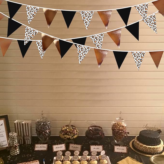 32Ft Cheetah Party Decorations Metallic Brown Black Leopard Triangle Banner Flag Pennant Fabric Garland Streamers for Wild Animals Birthday Cheetah Baby Shower Jungle Safari Party Decor Supplies