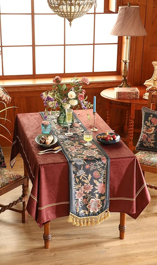 patdrea Designer Vintage Black Floral Velvet Table Runner 71 Inch Long, Pink Khaki Bouquets Pattern Table Mat, Decoration for Kitchen Dining Coffee Table Cabinet Banquet Thanksgiving,12"*71"