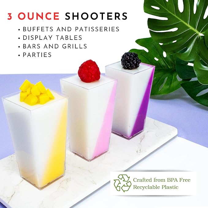 50 Pack Tiny 3oz Tall Pyramid Shooter | Disposable Mini Plastic Dessert Cups | Tiny Square Treat Containers | Clear Individual Dessert Cups | 3 oz Plastic Cups for Catering Events & Parties | CMJJ