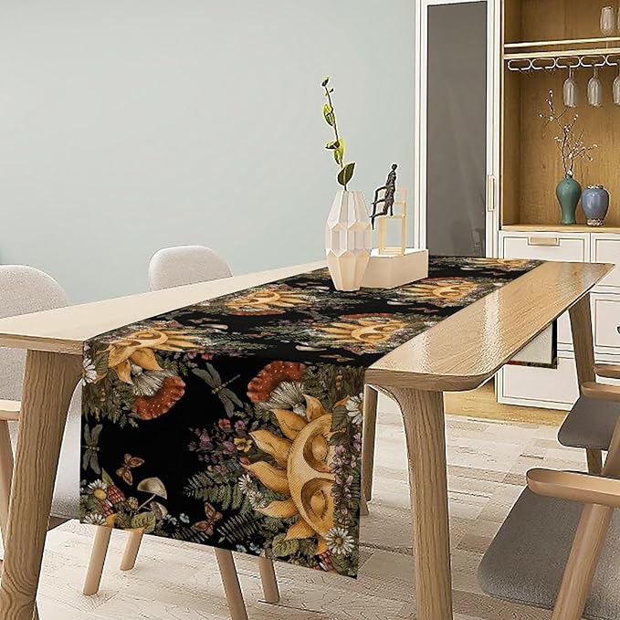 Sun Moon Table Runner, Bohomian Mushroom Daisy Table Gothic Dragonly Butterfly Table Center Decor Table Runner for Indoor Outdoor Party Kitchen Dinner Black, 13x36 Inch