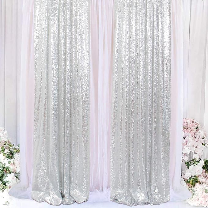 ShinyBeauty Silver Sequin Curtain Backdrop 2 Panels 4FTx8FT Photo Curtain Backdrop Curtain Panels 96 Inches Long -190522E
