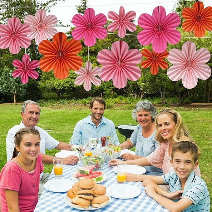 BestoFun 12 PCS Paper Flowers Fans Pink and Orange Party Decorations Paper Flowers Decorations for Wall Girl Groovy Birthday Baby Shower Wedding Bachelorette Room Hanging Décor