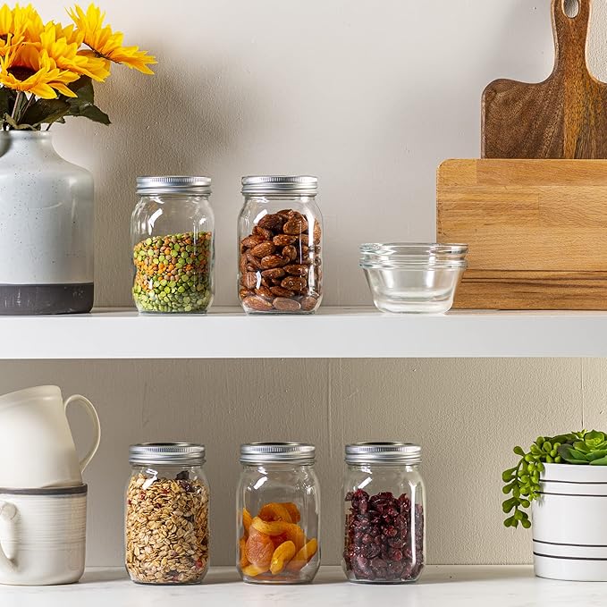 [6 Pack] 16 oz. Regular-Mouth Glass Mason Jars with Metal Airtight Lids and Bands for 1 Pint Canning, Preserving, & Meal Prep