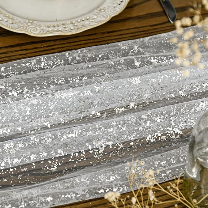 Artoid Mode White Silver Gauze Table Runner 120 Inch 10FT, Glitter Metallic Foil Sheer Dining Holiday Wedding Anniversary Birthday Table Decor for Home Party