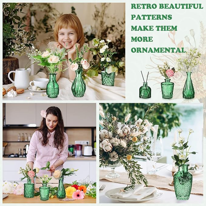 20 Pcs Glass Bud Vase Set Small Vintage Flower Vase in Bulk for Centerpieces Rustic Decorative Glass for Wedding Table Home Christmas Decoration (Grass Green)