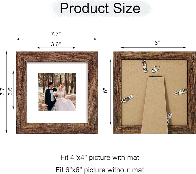 6x6 Picture Frame Set of 4 with Real Glass, Rustic Frames Display 4x4 Picture with Mat or 6 x 6 Without Mat, Wood Square Photo Frame for Wall Mount and Tabletop Display