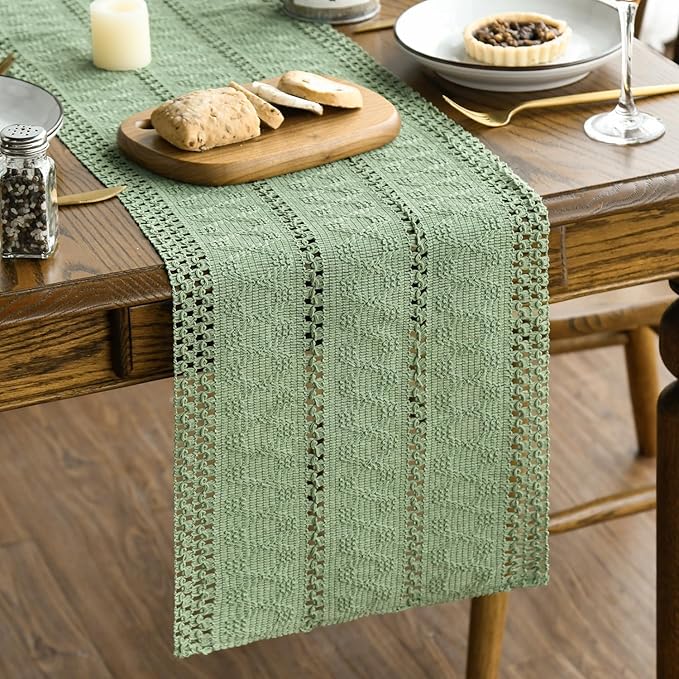 Artoid Mode Light Green Farmhouse Woven Rustic Hollow Table Runner, Seasonal Holiday Hollow Kitchen Dining Table Decoration for Home Party Decor 12x120 Inch