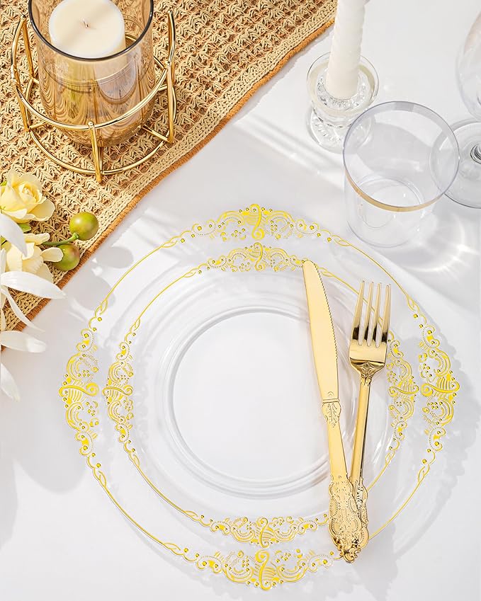 Nervure 350PCS Clear Gold Plastic Plates - Gold Plastic Dinnerware Sets for 50 Guests - 100 Disposable Plates, 150 Silverware, 50 Cups, 50 Napkins for Wedding & Party & Thanksgiving