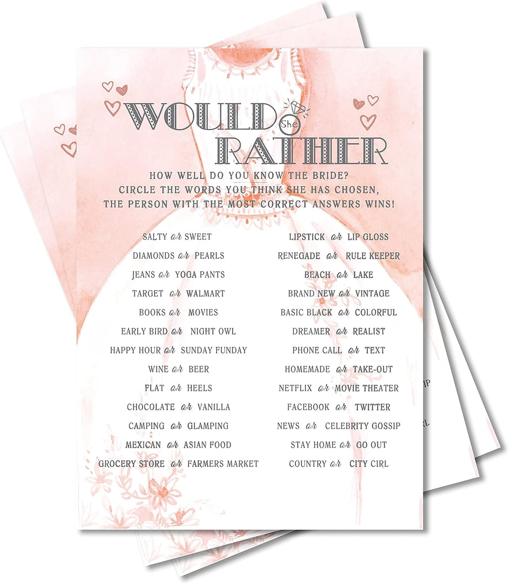 Bridal Shower Games, Wedding Games For Showers, Would She Rather, Engagement Bachelorette Party Game, Bridal Shower Decorations, 30 Cards Per Set (Suit010)