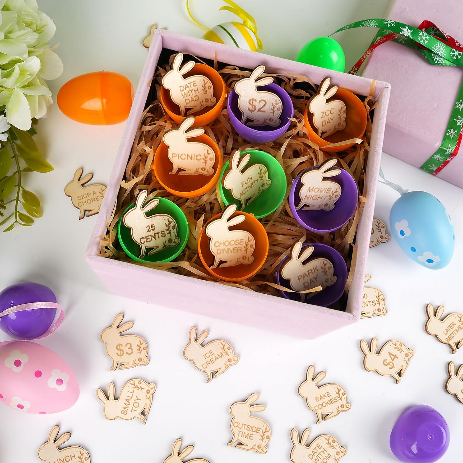 Easter Egg Fillers,30 Pack Wooden Easter Egg Tokens for Kids,Easter Basket Stuffers,Easter Reward Tokens with 30 Different Engraved Sayings,Easter Eggs Filled Activity for Kids Teens Girls Boys(Bunny)