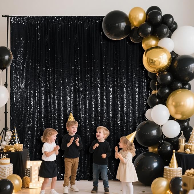 SquarePie Sequin Backdrop Less See Through Thick Background Glitter Curtain for Halloween Party 7FT x 7FT Black