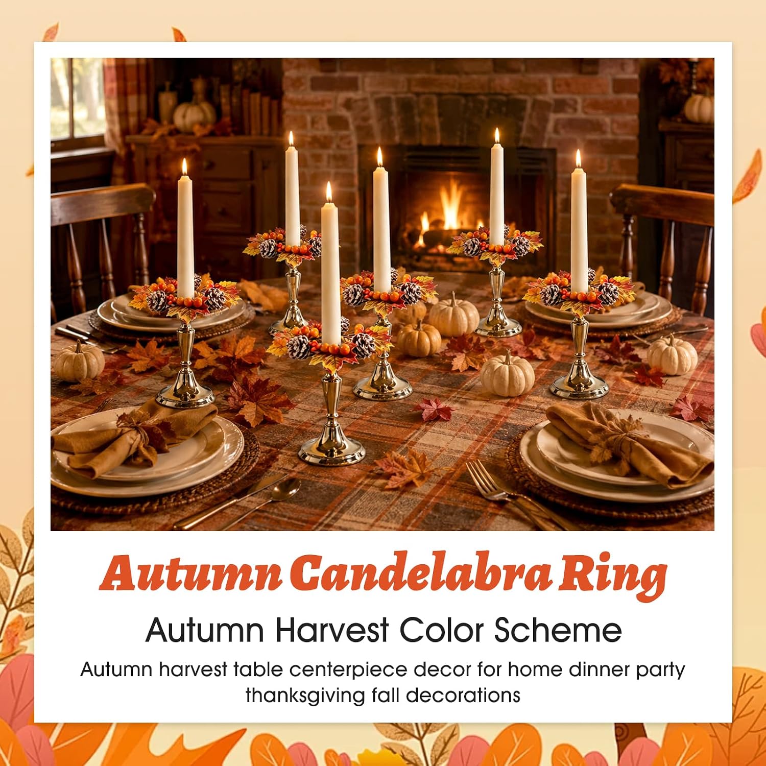 6 PCS Fall Taper Candle Rings 1.38" Mini Thanksgiving Taper Candle Holder Wreaths with Maple Leaves Pine Cones Berries Autumn Harvest Table Centerpieces Decor for Candlesticks Farmhouse Home Decor
