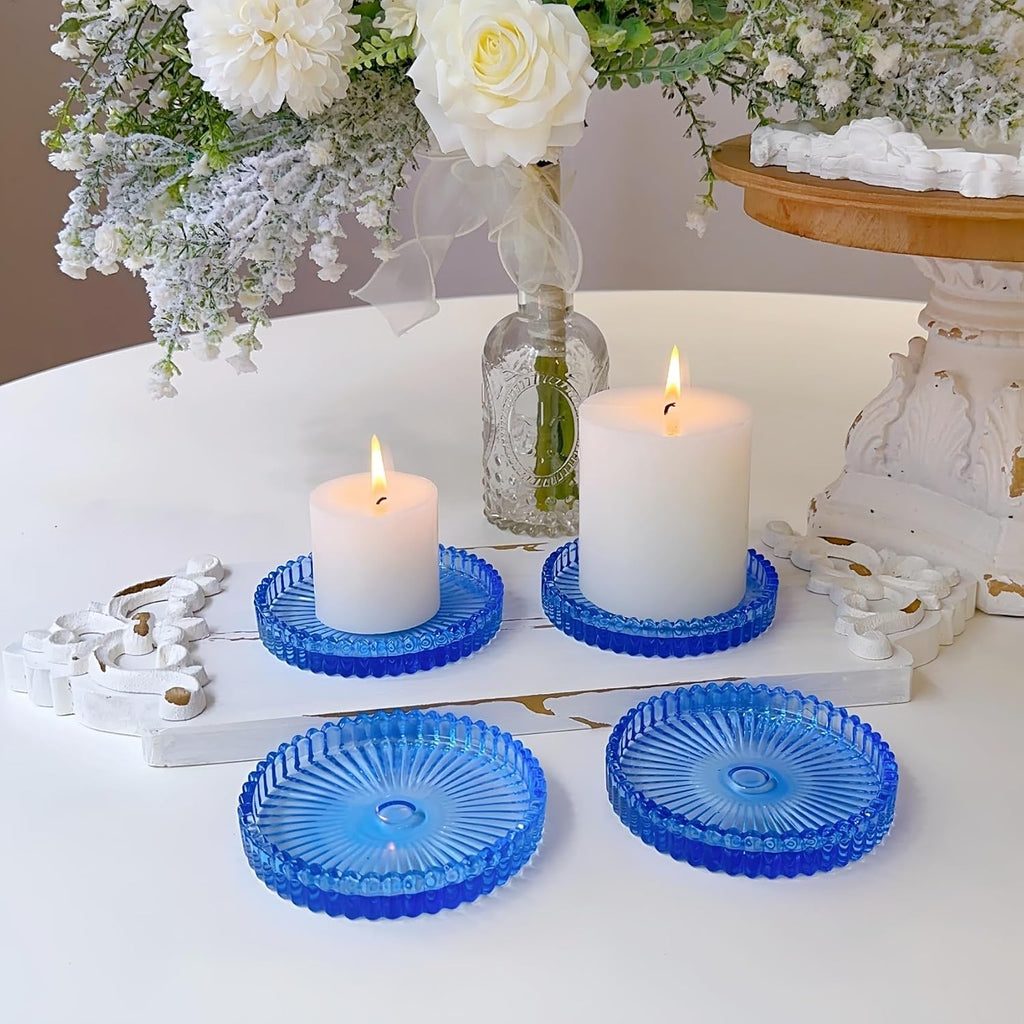3.8 Inch Blue Glass Pillar Candle Holder Plates Set of 4 Coaster Holder Round Candle Stand for Table Centerpieces, Wedding,Party,and Home Decor