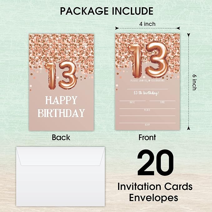 13th Birthday Invitation Cards, Rose Gold Glitter 13th Birthday Party Invites, Kids Happy Birthday Party Decorations Supplies, 20 Fill-in Cards with Envelopes for Boys or Girls Party Celebration - C05